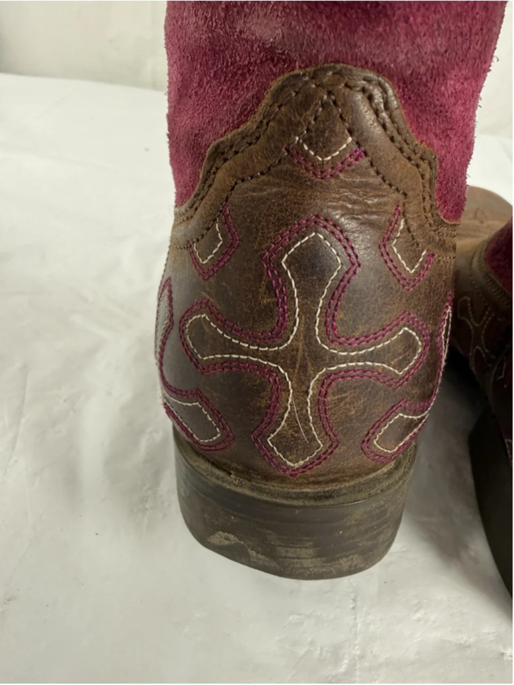 Girls US 1.5 Ariat Kid's Boots Crossroads Distressed Brown Fuschia Crosses